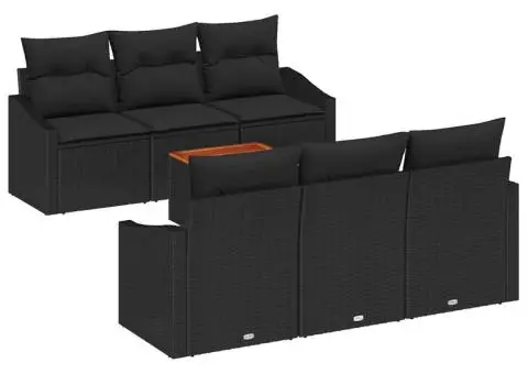 Set de grădină cu 7 piese, perne incluse, Negru, Rattan polițat, Acacia - 2/5