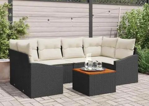 Set de canapea de grădină cu 7 piese și perne negre, din ratan poliesteric și acacia. - 1/5