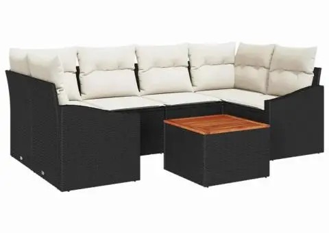 Set de canapea de grădină cu 7 piese și perne negre, din ratan poliesteric și acacia. - 2/5