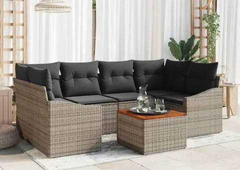 Set de canapea de grădină 7 piese cu perne gri din poliratan și acacia - 1/5