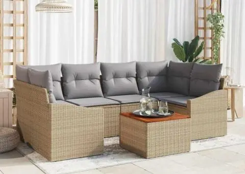 Set de canapea de grădină de 7 piese cu perne bej din ratan polimeric și acacia - 1/5