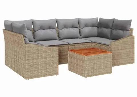 Set de canapea de grădină de 7 piese cu perne bej din ratan polimeric și acacia - 2/5