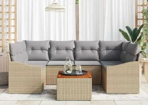 Set de canapea de grădină de 7 piese cu perne bej din ratan polimeric și acacia - 3/5