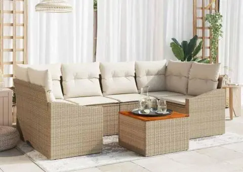 Set de canapea de grădină , 7 piese cu perne bej din poliester și acacia - 1/5