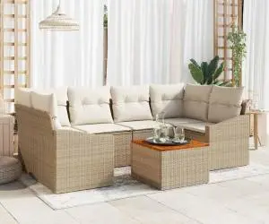 vidaXL Set de canapea de grădină , 7 piese cu perne bej din poliester și acacia