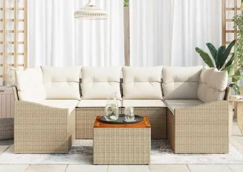 Set de canapea de grădină , 7 piese cu perne bej din poliester și acacia - 3/5