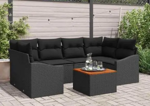 Set de canapele pentru grădină , 7 piese, cu perne, negru, rattan, poliester, acacia. - 1/5