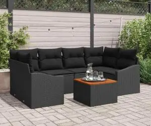 vidaXL Set de canapele pentru grădină , 7 piese, cu perne, negru, rattan, poliester, acacia.