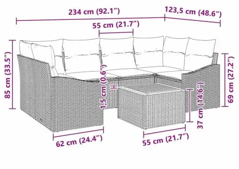 Set de canapele pentru grădină , 7 piese, cu perne, negru, rattan, poliester, acacia. - 5/5