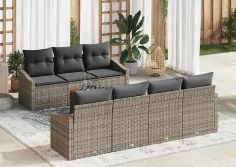 Set de canapea de grădină cu 8 piese, perne gri din rattan sintetic și acacia. - 1/5