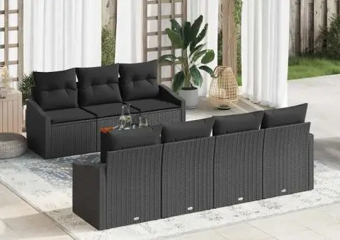 Set de Canapele pentru Grădină cu 8 Piese și Perne, Negru, Poliratan, Acacia - 1/5