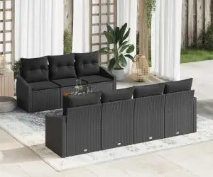 vidaXL Set de Canapele pentru Grădină cu 8 Piese și Perne, Negru, Poliratan, Acacia