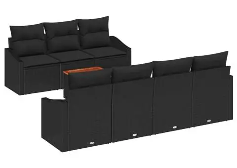 Set de Canapele pentru Grădină cu 8 Piese și Perne, Negru, Poliratan, Acacia - 2/5