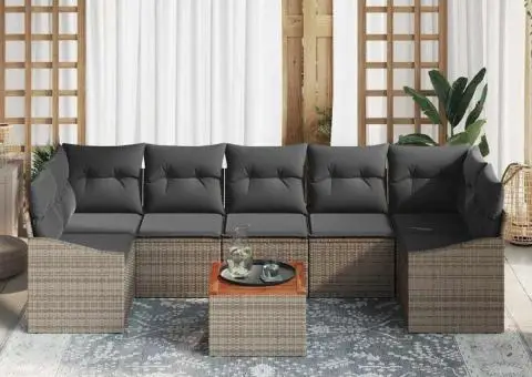 Set de Grădină cu 8 Piese și Perne, Ratan Gri, Acacia - 1/5