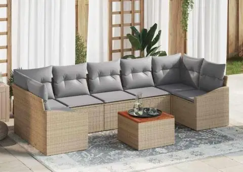 Set canapele grădină, 8 piese, perne bej, din ratan poliesteric și acacia. - 1/5
