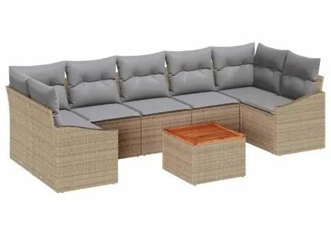 Set canapele grădină, 8 piese, perne bej, din ratan poliesteric și acacia. - 2/5