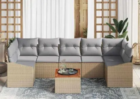 Set canapele grădină, 8 piese, perne bej, din ratan poliesteric și acacia. - 3/5