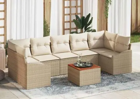 Set de canapea de grădină de 8 piese cu perne Bej din ratan poliesteric și acacia - 1/5