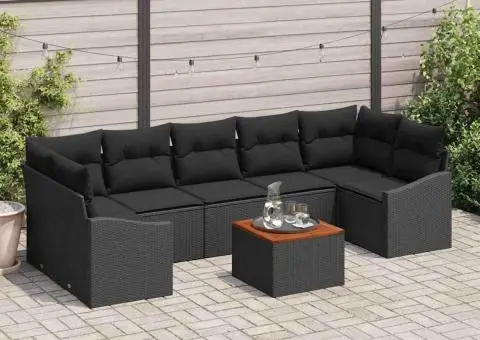 Set de Canapea de Grădină cu 8 Piese și Perne Negre din Ratan Polimeric și Acacia - 1/5
