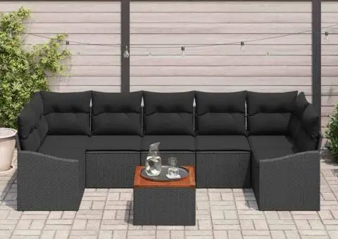 Set de Canapea de Grădină cu 8 Piese și Perne Negre din Ratan Polimeric și Acacia - 3/5