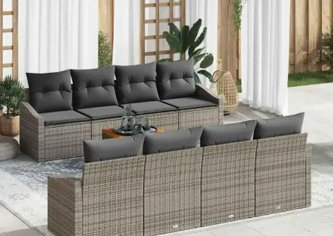 Set de canapea de grădină de 9 piese cu perne gri din ratan și acacia. - 1/5