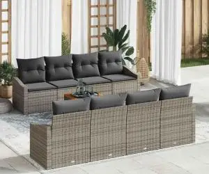 Set de canapea de grădină de 9 piese cu perne gri din ratan și acacia.