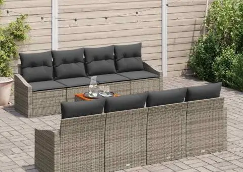 Set de canapea de grădină de 9 piese cu perne gri din ratan și acacia. - 3/5