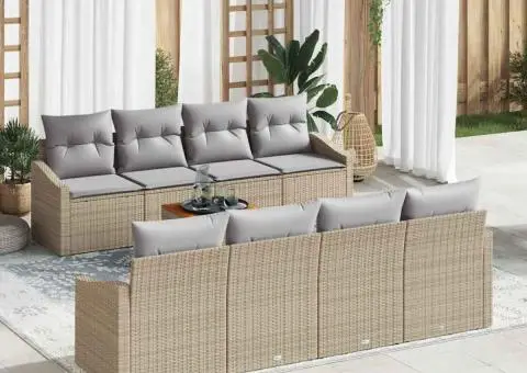 Set de canapea de grădină 9 piese cu perne bej, din ratan și acacia - 1/5