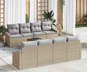 Set de canapea de grădină 9 piese cu perne bej, din ratan și acacia