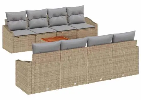 Set de canapea de grădină 9 piese cu perne bej, din ratan și acacia - 2/5