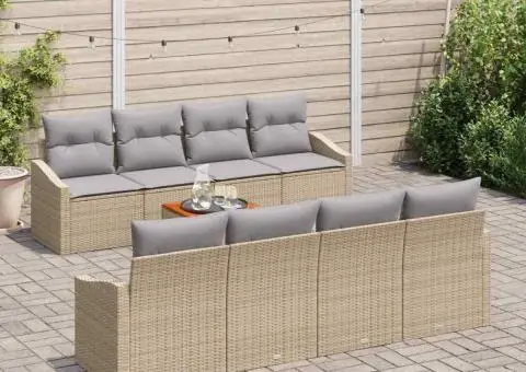 Set de canapea de grădină 9 piese cu perne bej, din ratan și acacia - 3/5