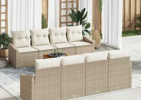 Set de canapea de grădină cu 9 piese și perne bej din poli ratan acacia. - 1/5