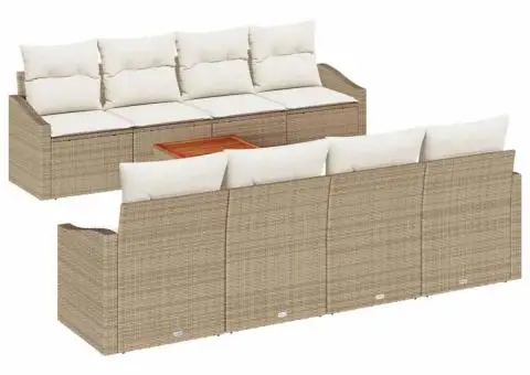 Set de canapea de grădină cu 9 piese și perne bej din poli ratan acacia. - 2/5