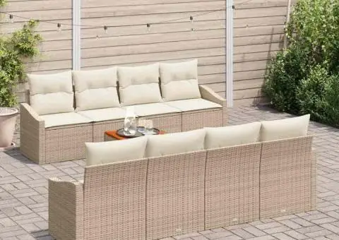 Set de canapea de grădină cu 9 piese și perne bej din poli ratan acacia. - 3/5