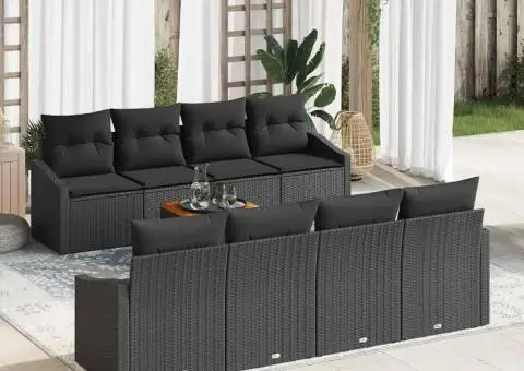 Set de canapea de grădină 9 piese cu perne, rattan sintetic negru, Acacia - 1/5