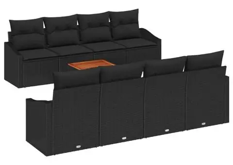 Set de canapea de grădină 9 piese cu perne, rattan sintetic negru, Acacia - 2/5