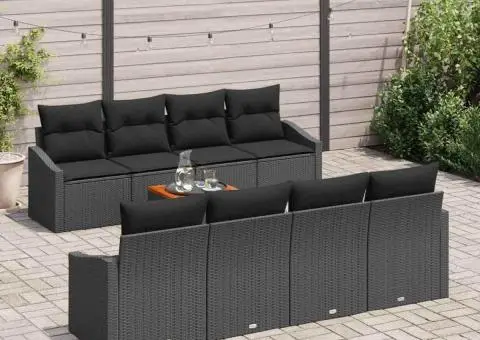 Set de canapea de grădină 9 piese cu perne, rattan sintetic negru, Acacia - 3/5