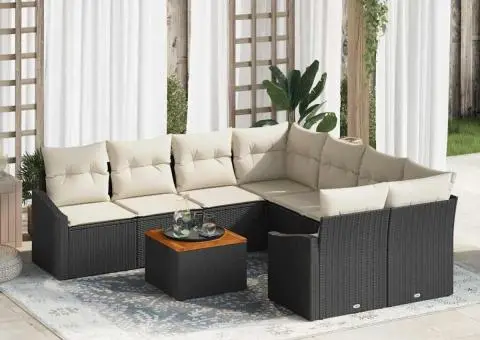 Set de canapea de grădină cu 9 piese, perne incluse, ratan negru lăcuit. - 1/5