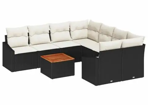 Set de canapea de grădină cu 9 piese, perne incluse, ratan negru lăcuit. - 2/5