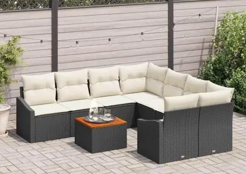 Set de canapea de grădină cu 9 piese, perne incluse, ratan negru lăcuit. - 3/5