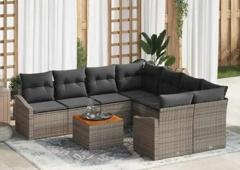 Set de canapea de grădină cu 9 piese și perne, gri, din ratan poli, acacia - 1/5