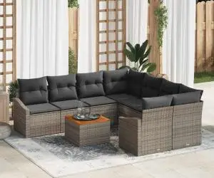 vidaXL Set de canapea de grădină cu 9 piese și perne, gri, din ratan poli, acacia