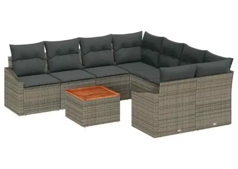 Set de canapea de grădină cu 9 piese și perne, gri, din ratan poli, acacia - 2/5
