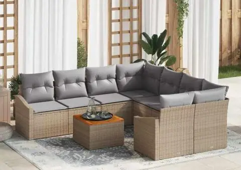 Set de canapea pentru grădină de 9 piese cu perne bej din rattan sintetic - 1/5