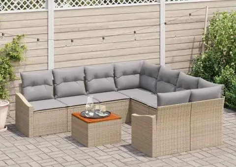 Set de canapea pentru grădină de 9 piese cu perne bej din rattan sintetic - 3/5