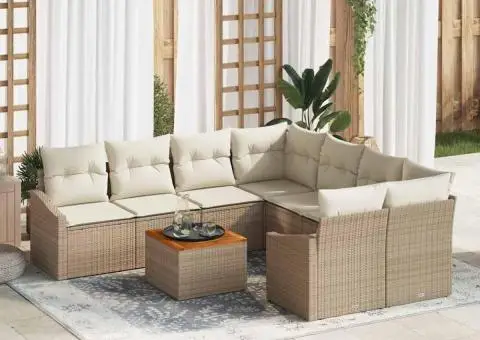 Set canapele grădină cu 9 piese și perne bej din ratan poliesteric Acacia - 1/5
