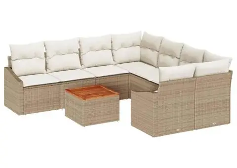 Set canapele grădină cu 9 piese și perne bej din ratan poliesteric Acacia - 2/5