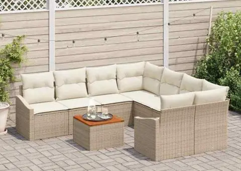 Set canapele grădină cu 9 piese și perne bej din ratan poliesteric Acacia - 3/5