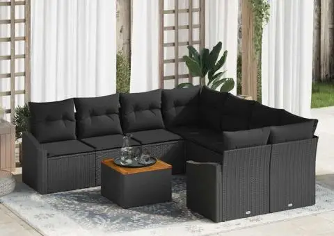 Set de canapea de grădină , 9 piese, cu perne negre din poly rattan pe cadru de acacia - 1/5