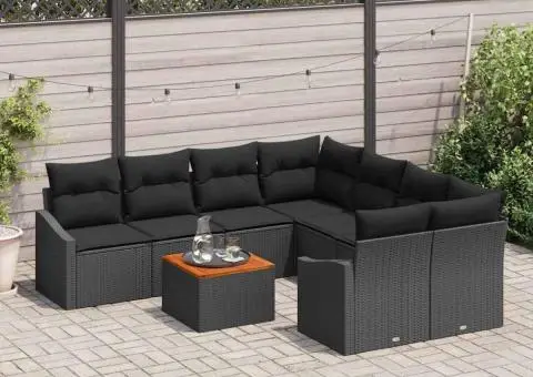Set de canapea de grădină , 9 piese, cu perne negre din poly rattan pe cadru de acacia - 3/5
